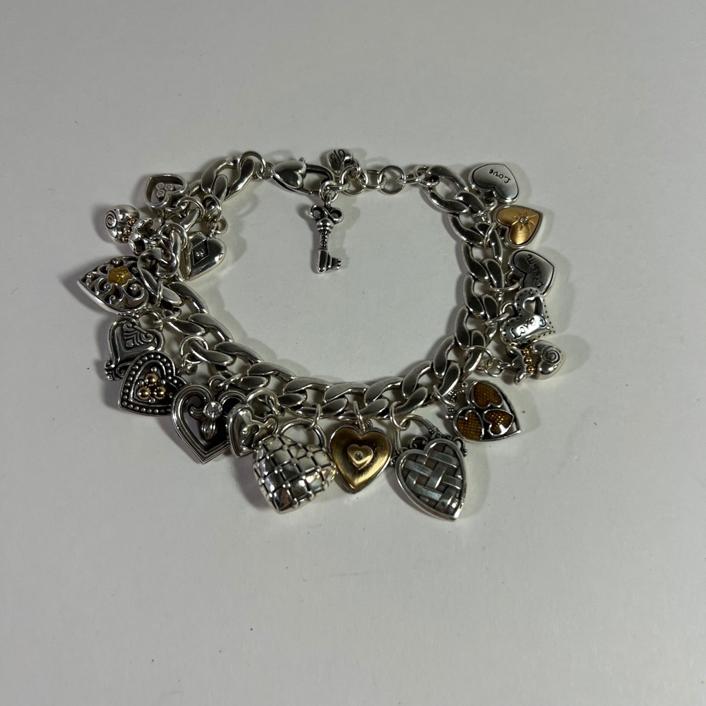 Brighton One Heart Charm Bracelet 2 Toned Crystals Silver Plated 71/4" - 8 1/4"